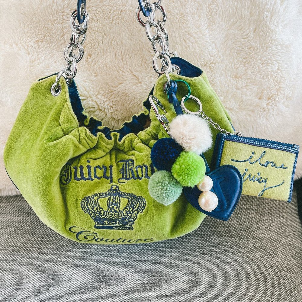 Vintage Juicy Couture Green Velour & Blue Hobo w/ Coin Purse & Charm